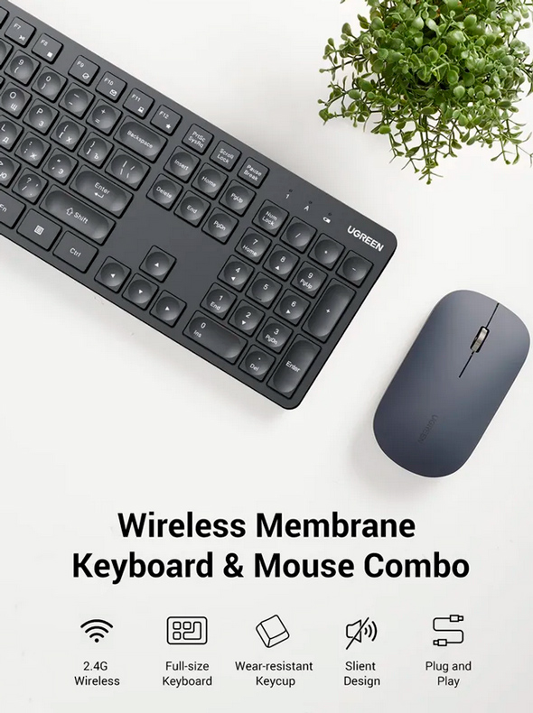 Комплект беспроводная клавиатура и беспроводная мышка UGREEN MK004 (15225) 2.4 GHz Wireless Keyboad 