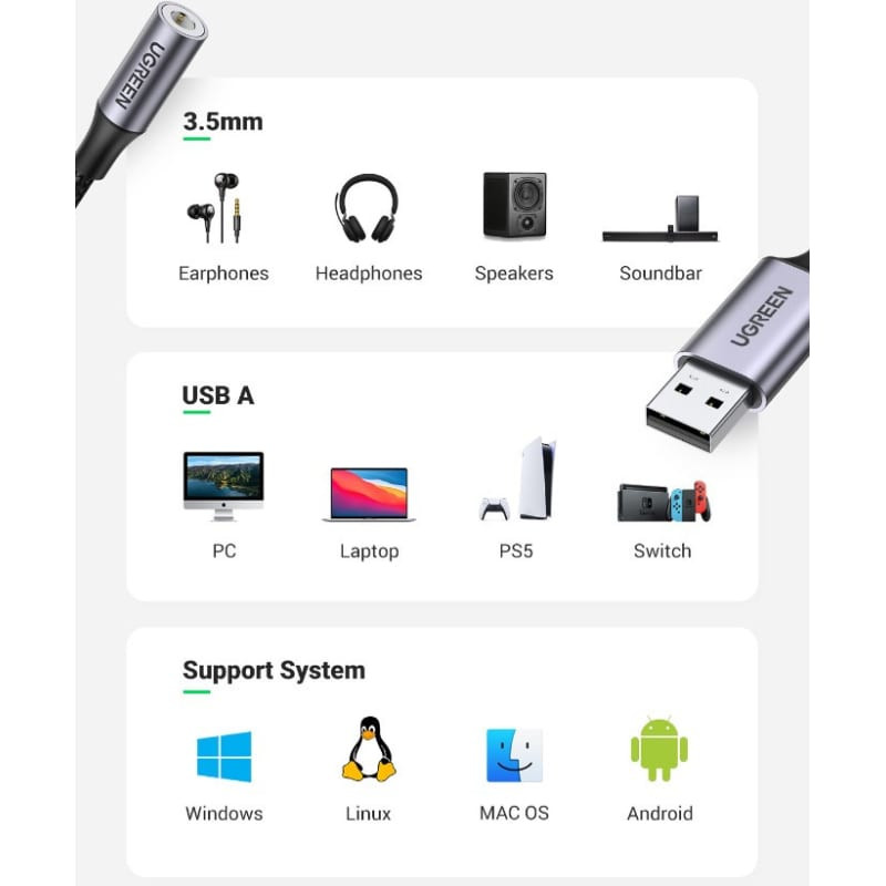 Кабель-адаптер UGREEN CM477 (30757) USB 2.0 to 3.5 mm Audio Adapter Aluminum Alloy (0.25 метра) тёмно-серый
