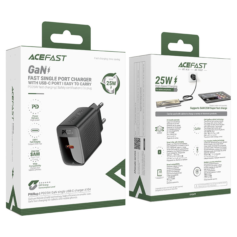 Сетевое зарядное устройство Acefast A104 USB Type-C PD25W GaN чёрное (AF-A104-BK)