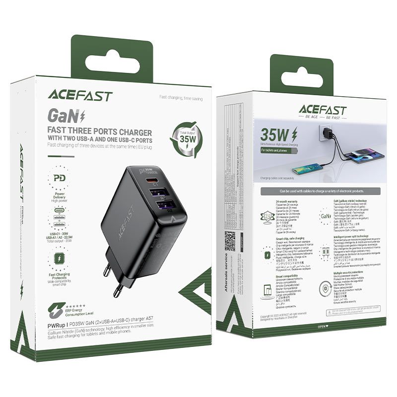 Сетевое зарядное устройство Acefast A57 PD35W GaN 2 x USB + USB-C Charger чёрное (AF-A57-BK)