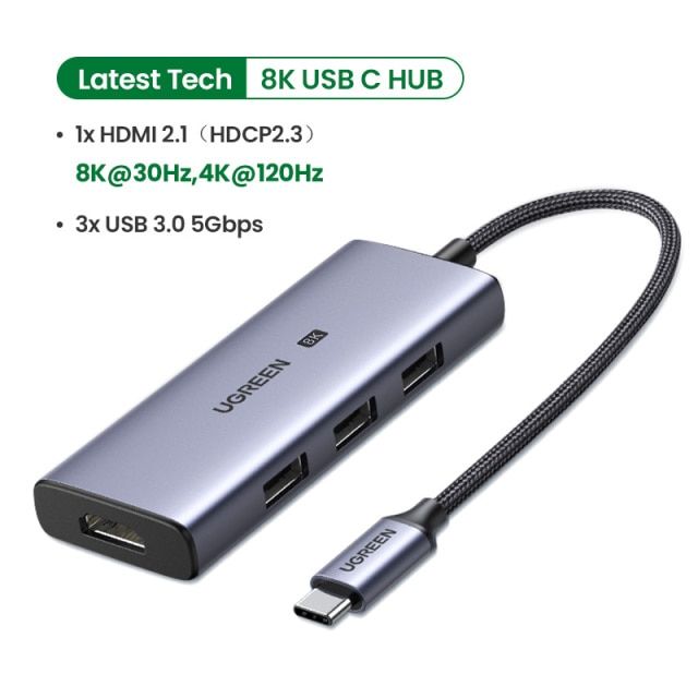 Адаптер Ugreen CM500 (50629) USB-C to 3×USB 3.0+HDMI Multifunction Adapter (8K@30Hz) серый