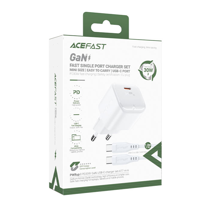 Сетевое зарядное устройство Acefast A77 Mini PD30W GaN USB-C Charger белый (AF-A77-WH)