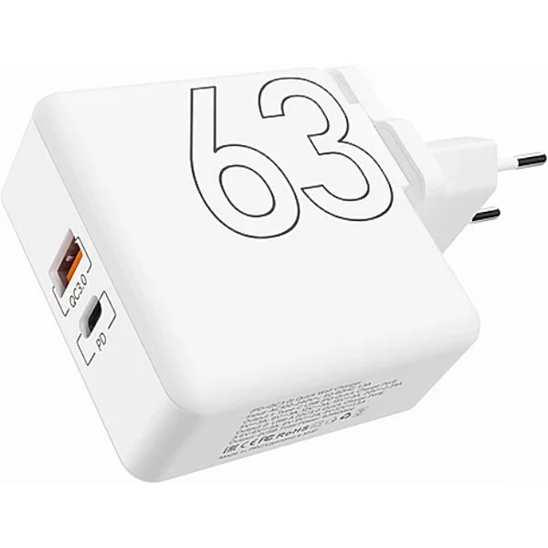 Сетевое зарядное устройство Lyambda 63 Вт с 2-мя выходами (PD+QC3.0) белое (LT63-WT)