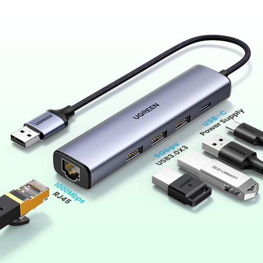 Мульти Хаб UGREEN CM475 (60554) USB 3.0 to 3×USB 3.0 Hub+RJ45 Ethernet Adapter Type-C Power Supply серый