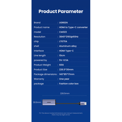 Конвертер Ugreen CM323 (70693) HDMI to USB-C Converter серый
