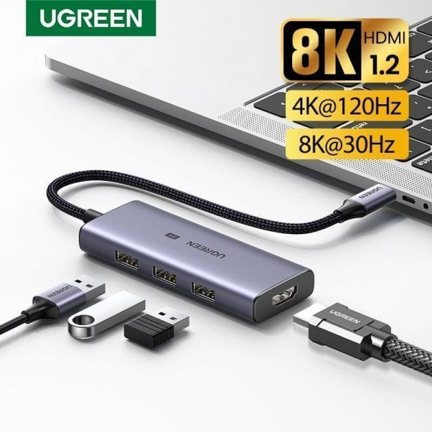Адаптер Ugreen CM500 (50629) USB-C to 3×USB 3.0+HDMI Multifunction Adapter (8K@30Hz) серый