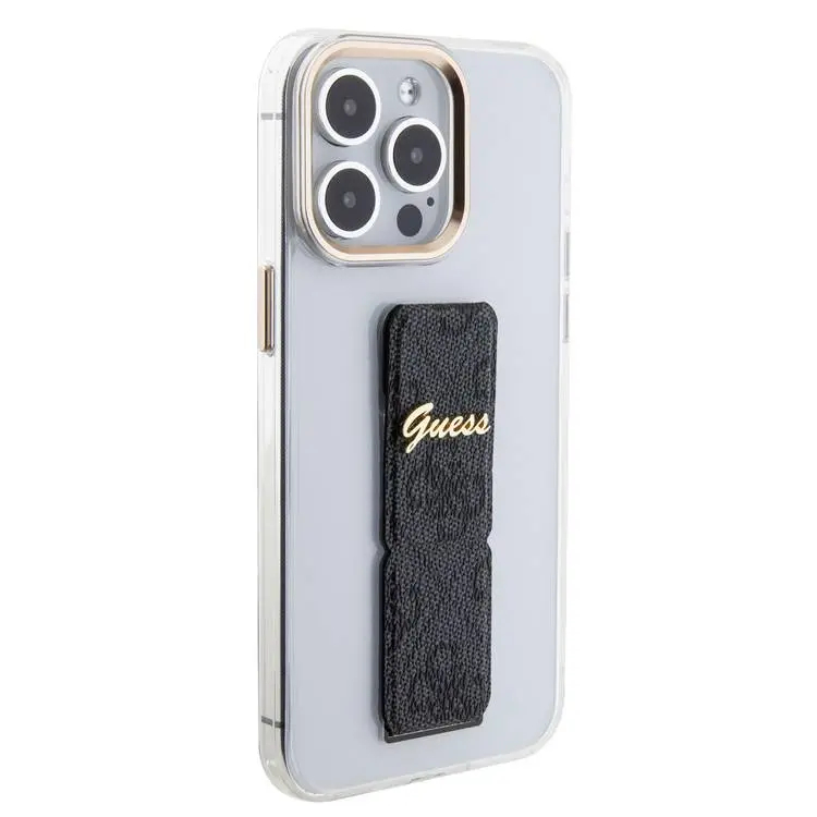 Чехол CG Mobile Guess Grip Stand Clear Case 4G Script Logo для iPhone 15 Pro Max прозрачный / чёрный