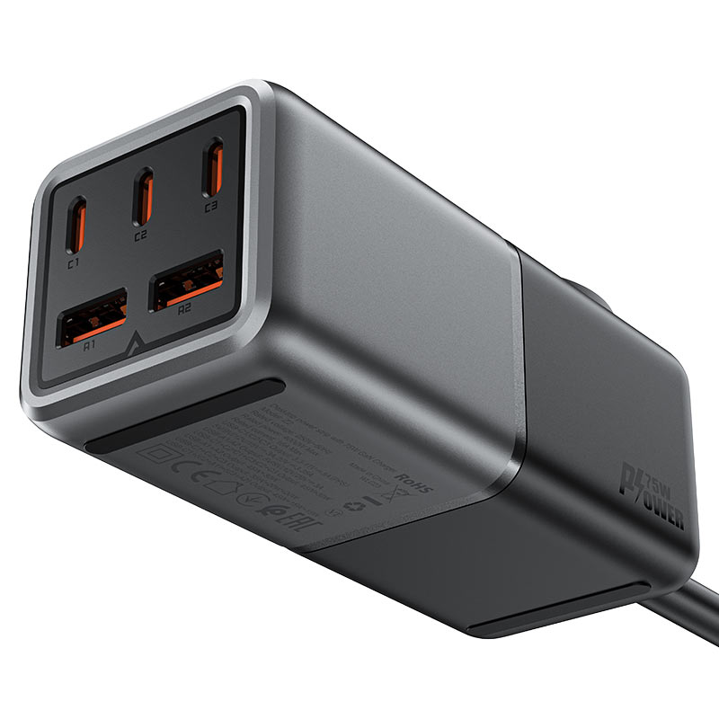 Сетевое зарядное устройство Acefast Z2 PD75W GaN 3 x USB-C + 2 x USB-A Charging Adapter чёрное (AF-Z2-GY)
