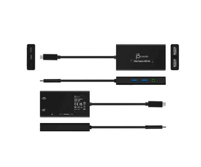 Внешняя карта видео захвата j5create + USB-хаб: 1x HDMI-вход, 1x HDMI-выход, 2x USB-A, 1x 3.5мм аудио