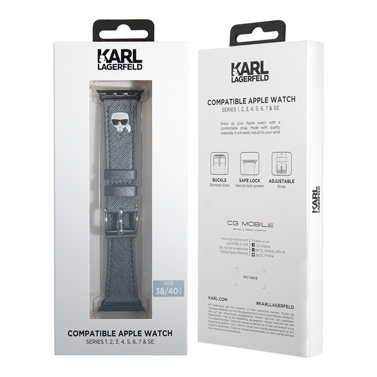 Ремешок Lagerfeld PU Saffiano Karl head Silver для Apple Watch 41/40/38 мм серебристо-серый