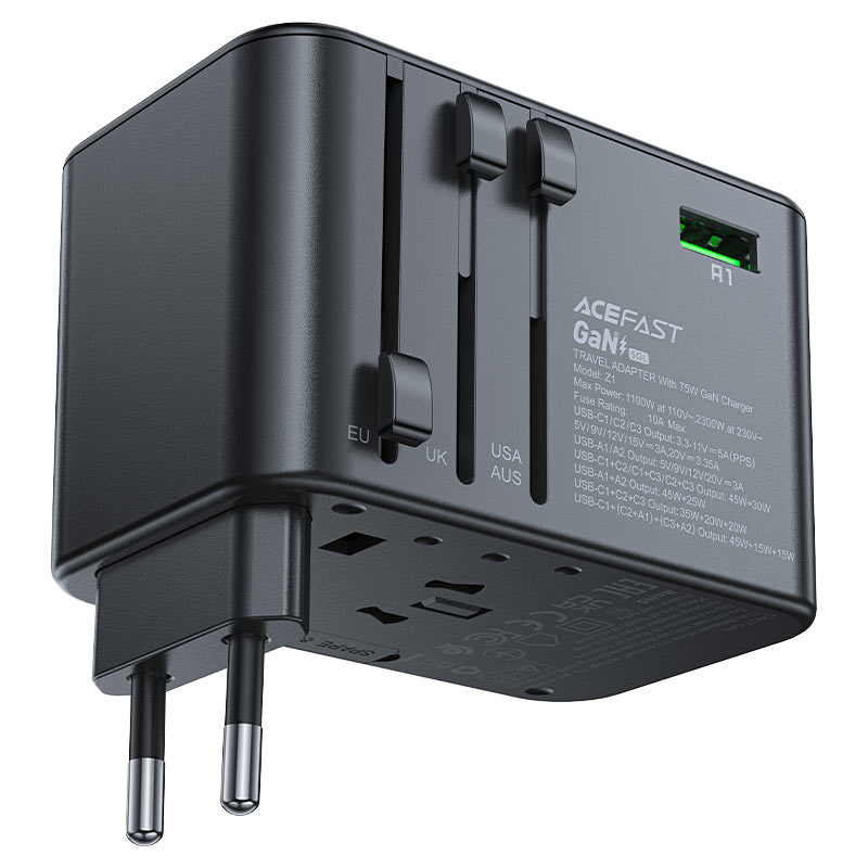 Сетевое зарядное устройство Acefast Z1 PD75W GaN 3 x USB-C + 2 x USB-A Multifunctional Charging Adapter чёрное (AF-Z1-GY)