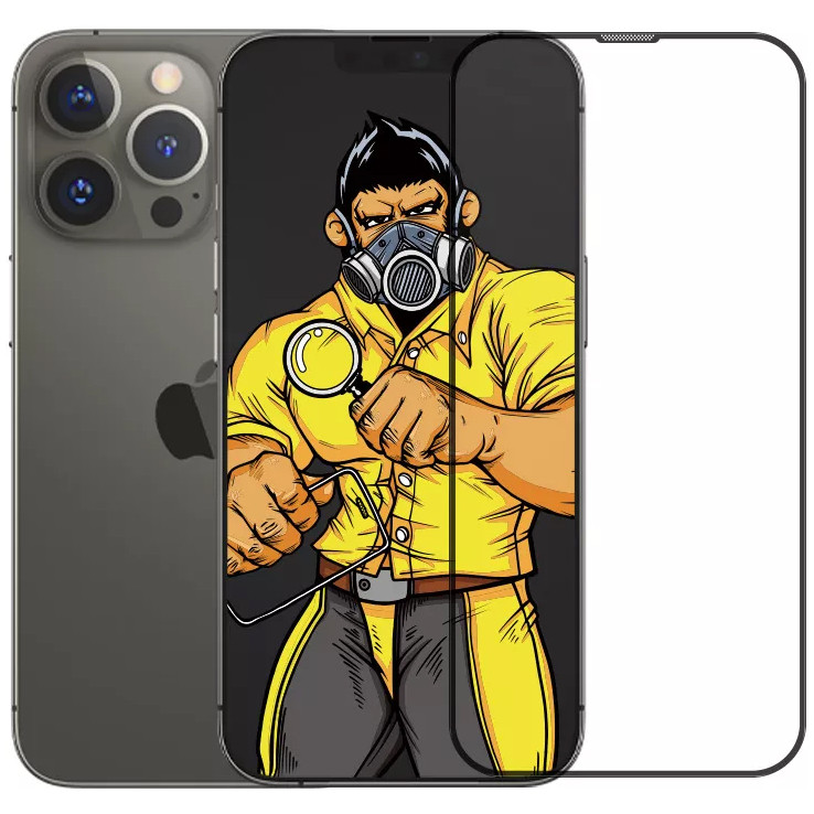 Защитное стекло Blueo 2.5D Large arc Dustproof (3D-эфф. с защ. сеткой) для iPhone 14 Pro с чёрной рамкой