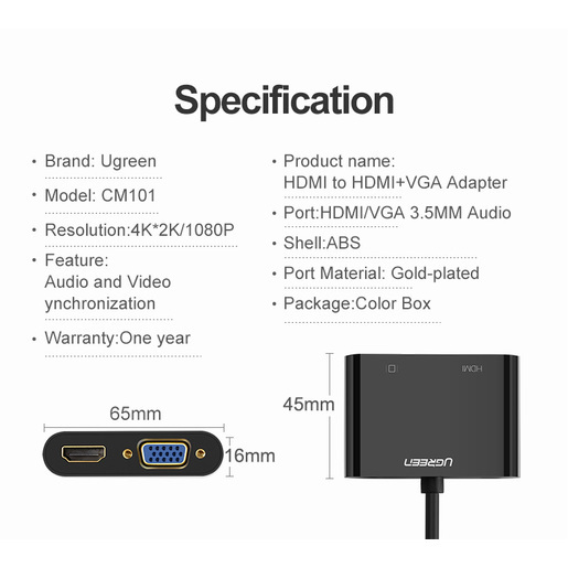 Переходник Ugreen CM101 (40744) HDMI to VGA + HDMI Converter чёрный