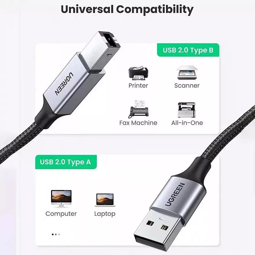 Кабель Ugreen US369 USB-A to USB-B 2.0 (1,5 метра) чёрный / серый космос (80802)
