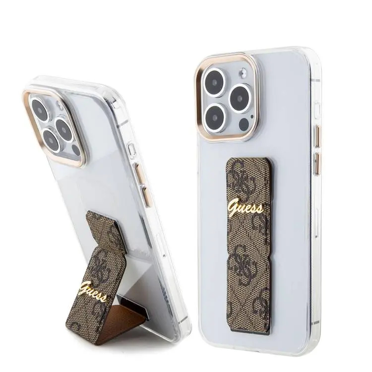 Чехол CG Mobile Guess Grip Stand Clear Case 4G Script Logo для iPhone 15 Pro Max прозрачный / коричневый