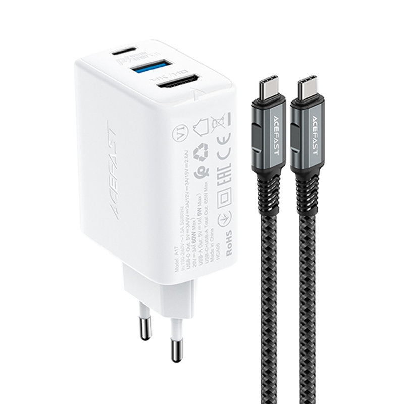 Сетевое зарядное устройство Acefast A17 GaN 65W USB Type-C / USB / HDMI HUB Charger с кабелем USB-C белое (AF-A17-WH)