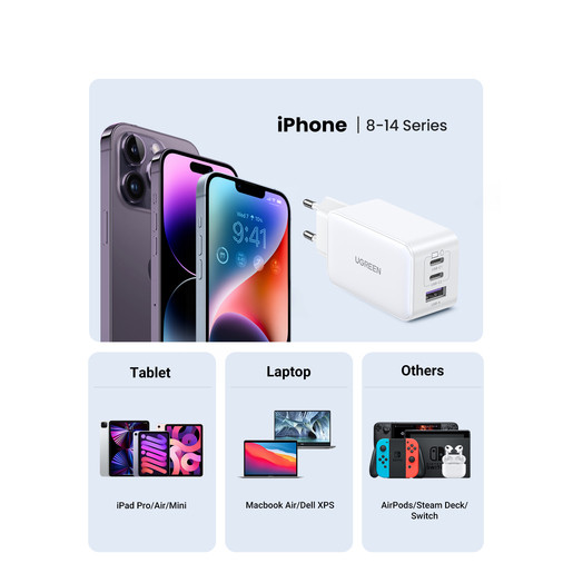Сетевое зарядное устройство UGREEN CD244 (15334) Nexode USB-A+2*USB-C 65W GaN Tech Fast Charger EU белое