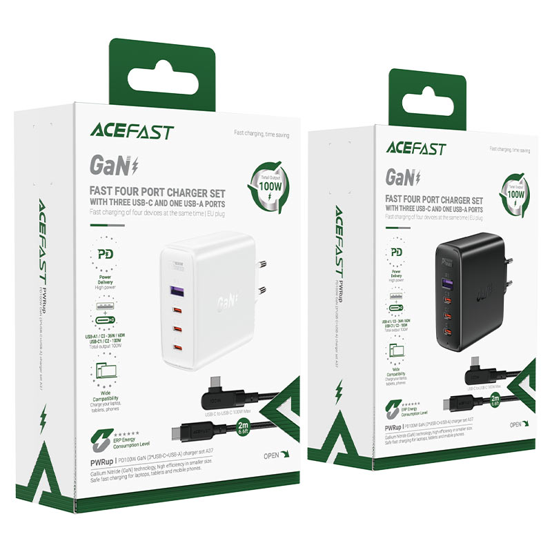Сетевое зарядное устройство ACEFAST A37 PD100W GaN (3xUSB-C + USB-A) Fast Charge Wall Charger белое (EU)