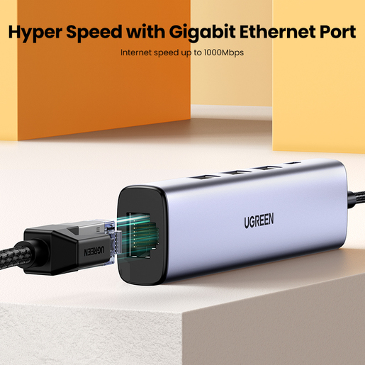 Мульти Хаб UGREEN CM475 (60554) USB 3.0 to 3×USB 3.0 Hub+RJ45 Ethernet Adapter Type-C Power Supply серый