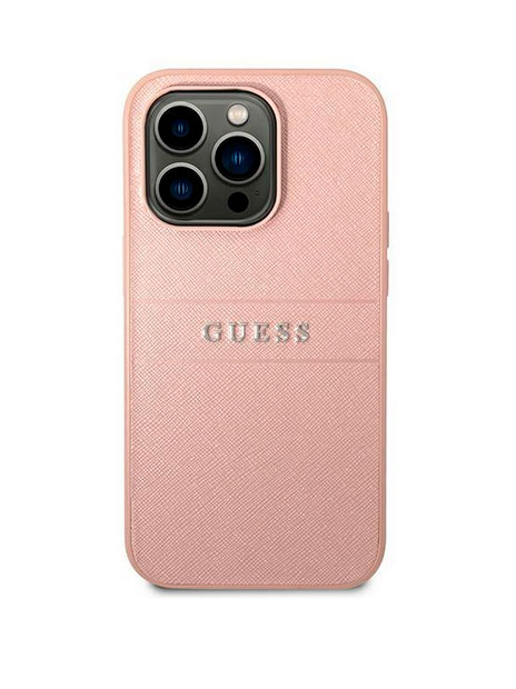 Чехол Guess для iPhone 14 Pro Max PU Saffiano с metal logo Hard Розового цвета