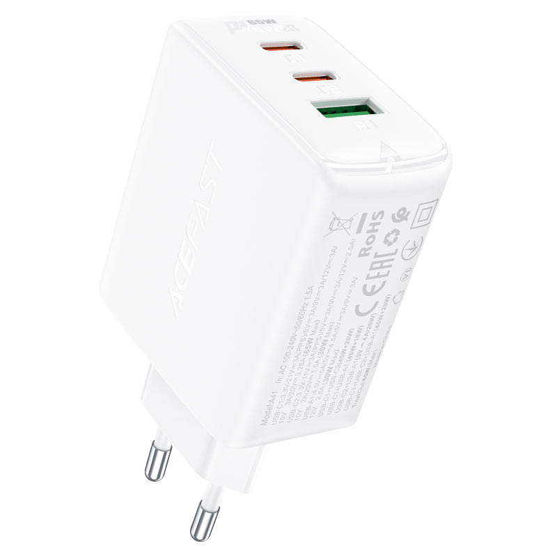 Сетевое зарядное устройство ACEFAST A41 PD65W GaN (2xUSB-C + USB-A) Fast Charge Wall Charger белое (EU)