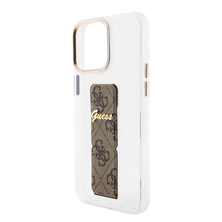 Чехол CG Mobile Guess Grip Stand Clear Case 4G Script Logo для iPhone 15 Pro Max прозрачный / коричневый