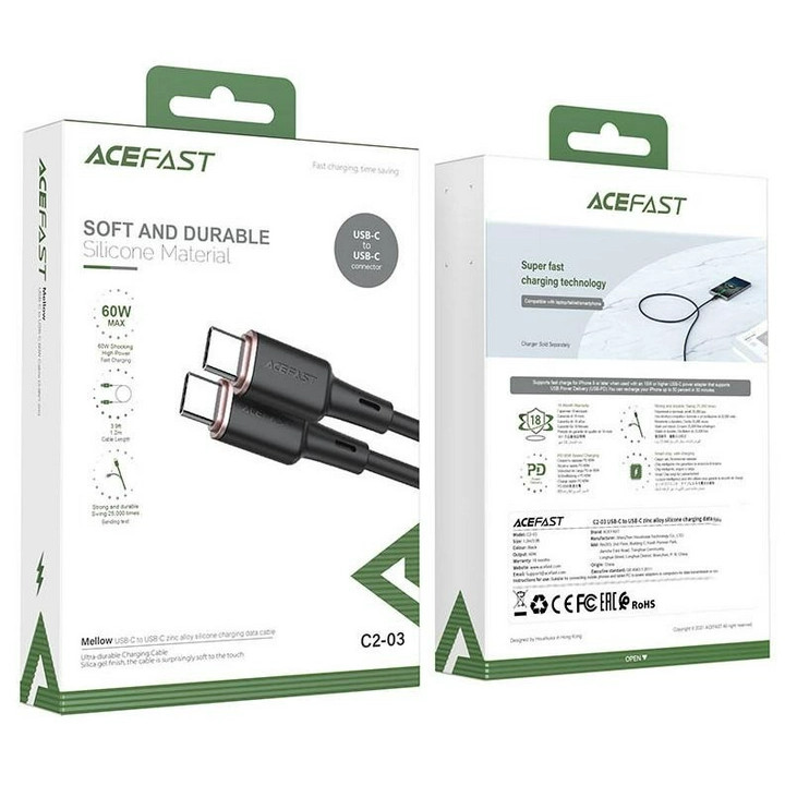 Кабель ACEFAST C2-03 USB-C to USB-C zinc alloy silicone charging data cable (1,2 метра) чёрный