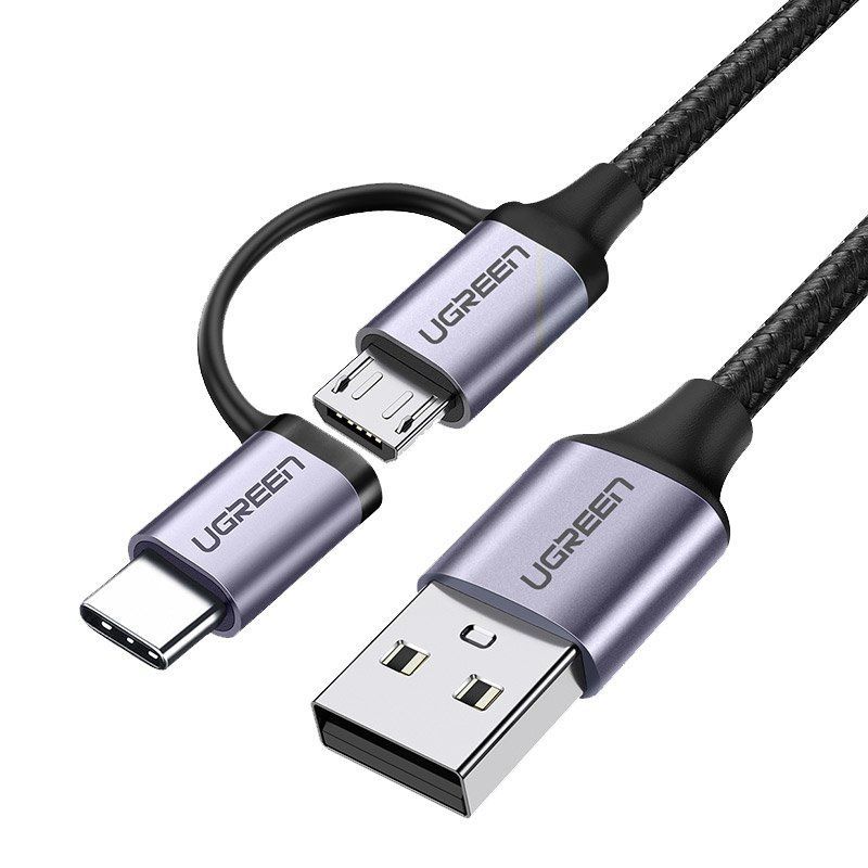Кабель UGREEN US177 (30875) USB-A to Micro USB + USB Type-C Cable (1 метр) чёрный