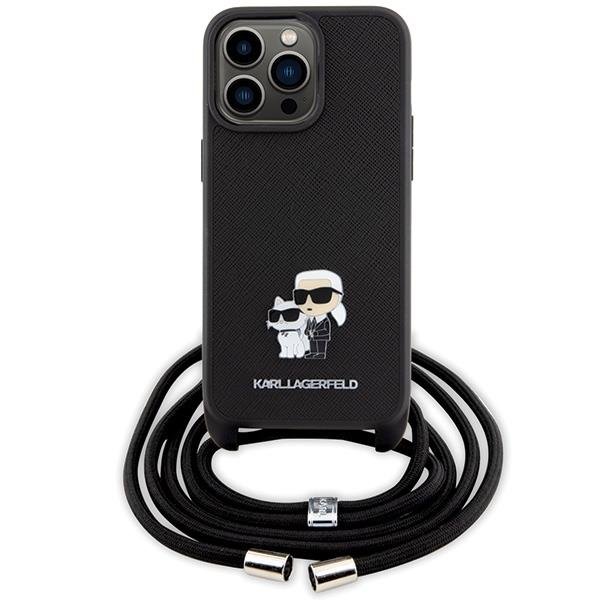 Lagerfeld для iPhone 15 Pro Max чехол Crossbody PU Saffiano NFT Karl & Choupette Metal Hard Black