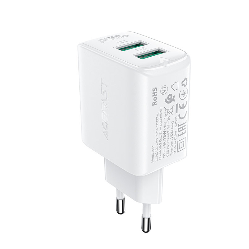 Сетевое зарядное устройство Acefast A33 2 x USB 18W Wall Charger белое (AF-A33-WH)