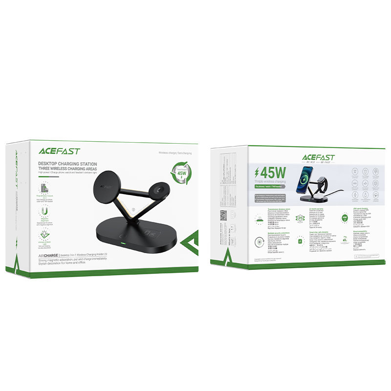 Беспроводное зарядное устройство Acefast E9 15W Qi Wireless Charger for iPhone (with MagSafe) / Apple Watch / Apple AirPods чёрное (AF-E9-BK)