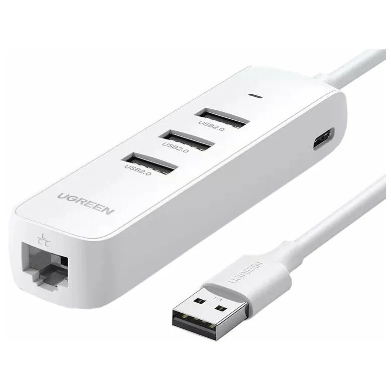 Адаптер UGREEN CM416 (20983) USB 2.0 to 3×USB 2.0+RJ45 (100Mbps) Ethernet Adapter белый