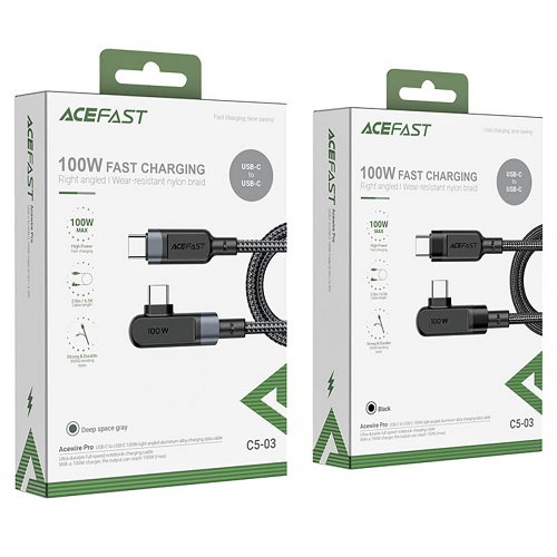 Кабель угловой ACEFAST C5-03 USB-C to USB-C 100W PD aluminum alloy cable серый