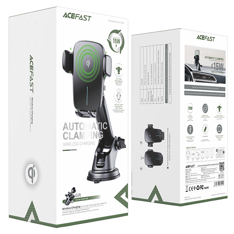 Автодержатель с функцией беспроводной зарядки Acefast D1 Fast Wireless Charger Car Mount 15W (AF-D1-BK)