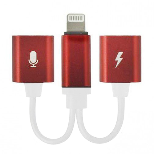 Разветвитель Double Lightning Audio / Charge для iPhone красный (с белым проводом)