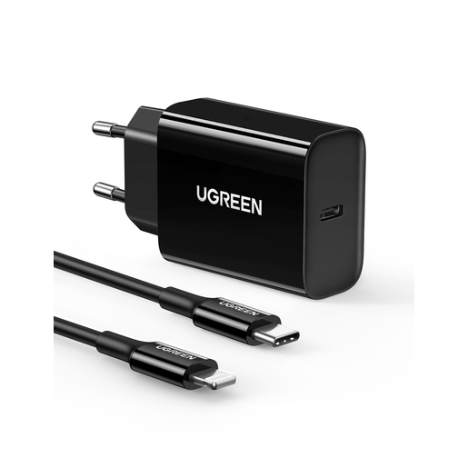 Сетевое зарядное устройство Ugreen CD137 (50799) PD 20W Fast Charger Set  с кабелем USB-C - Lightning чёрное
