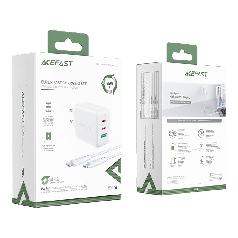 Сетевое зарядное устройство Acefast A13 65W 2 x USB-C + 1 x USB-A с кабелем USB-C белое (AF-A13-WH)