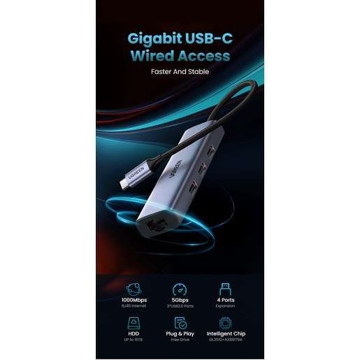 Мульти Хаб UGREEN CM475 (60600) USB-C to 3×USB3.0 Hub+RJ45 Ethernet Adapter без порта питания серый