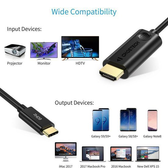 Кабель Choetech USB-C Thunderbolt 3 to HDMI Cable CH0019 (1,8 метра) чёрный  