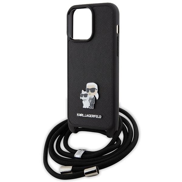 Lagerfeld для iPhone 15 Pro Max чехол Crossbody PU Saffiano NFT Karl & Choupette Metal Hard Black