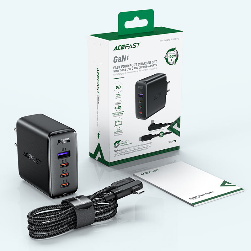 Сетевое зарядное устройство ACEFAST A37 PD100W GaN (3xUSB-C + USB-A) Fast Charge Wall Charger белое (EU)