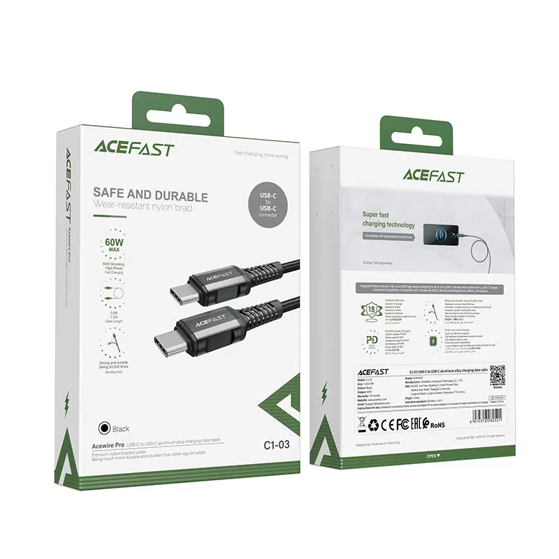 Кабель Acefast C1-03 USB-C to USB-C Charging Data Cable (1,2 метра) чёрный (AF-C1-03-BK)
