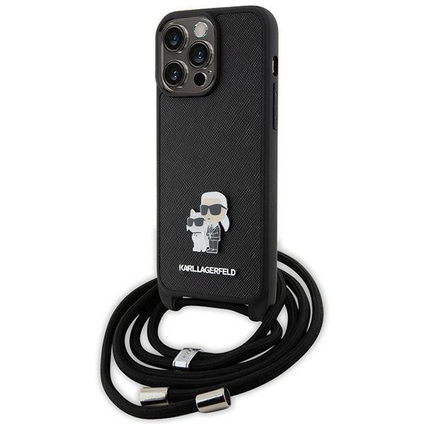 Lagerfeld для iPhone 15 Pro Max чехол Crossbody PU Saffiano NFT Karl & Choupette Metal Hard Black
