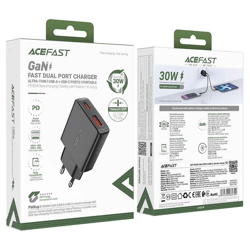 Сетевое зарядное устройство Acefast A69 PD30W GaN USB-A+USB-C Charger чёрное (AF-A69-BK)