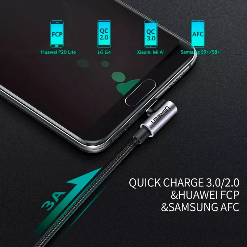 Кабель Ugreen US284 Angled 90° USB-C Male to USB-A 2.0 Male 3A Data Cable (1 метр) чёрный (50941)