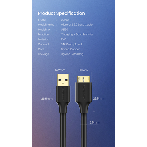 Кабель UGREEN US130 (10840) USB-A to USB Micro-B 3.0 (0,5 метра) Male Cable чёрный (для жесткого диска)