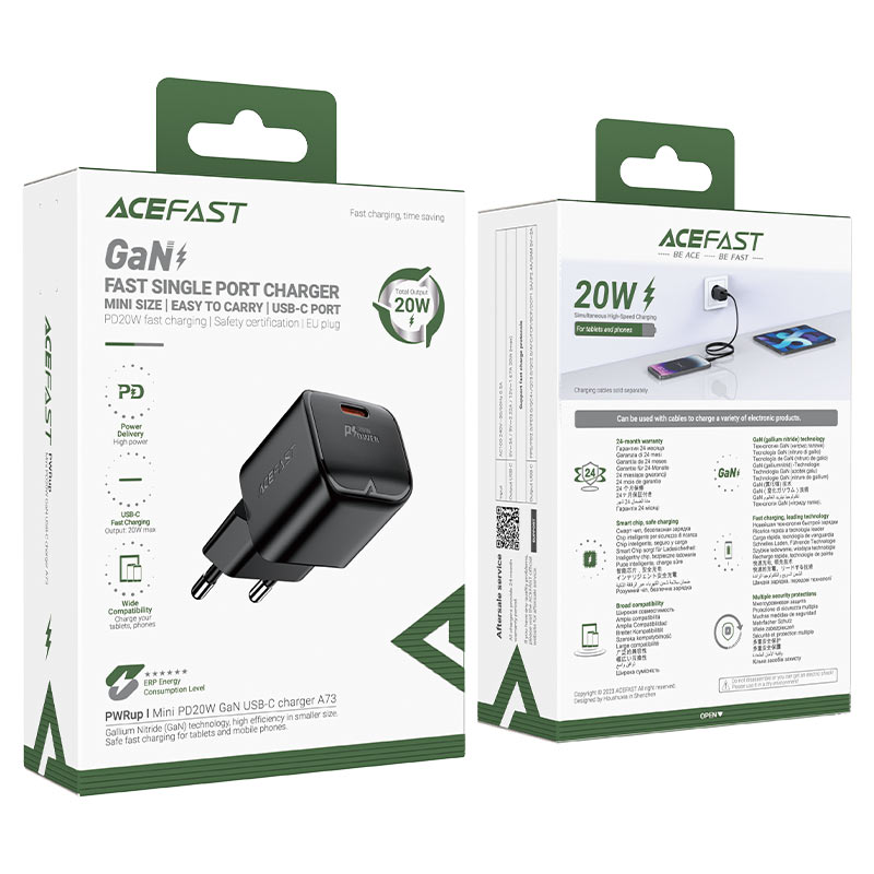 Сетевое зарядное устройство Acefast A73 Mini PD20W GaN USB-C Charger чёрное (AF-A73-BK)