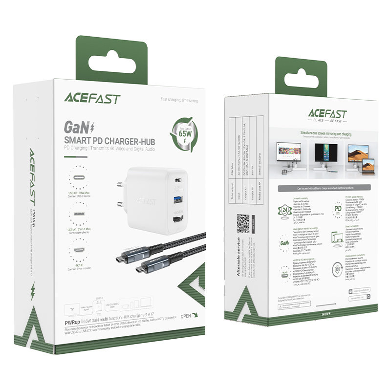 Сетевое зарядное устройство Acefast A17 GaN 65W USB Type-C / USB / HDMI HUB Charger с кабелем USB-C белое (AF-A17-WH)