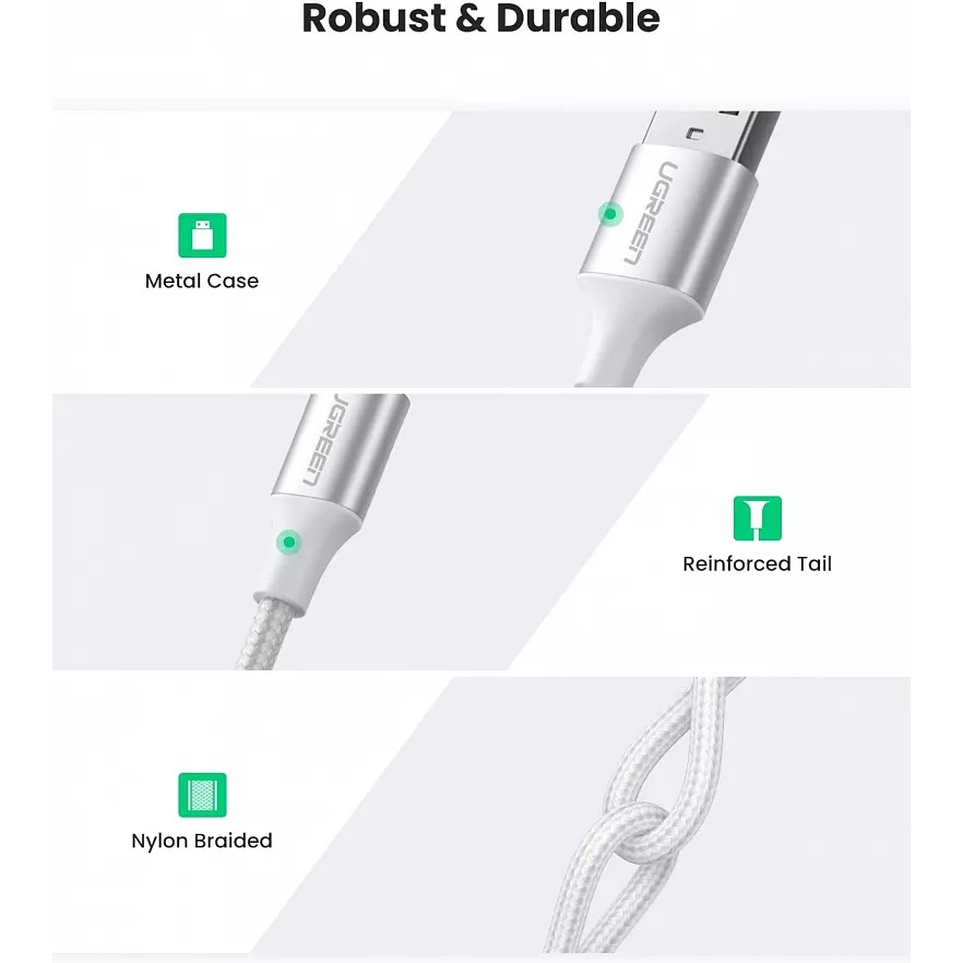 Кабель Ugreen US288 USB-A 2.0 to USB-C Cable Nickel Plating Aluminum Nylon Braid (0,25 метра) серебристый / белый (60129)