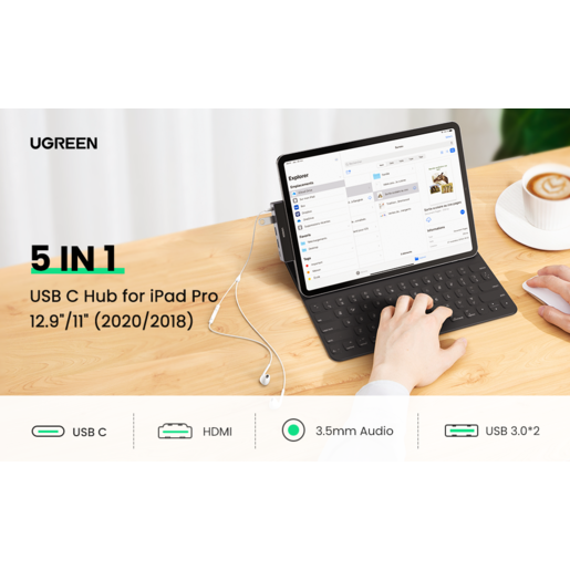 Хаб Ugreen CM317 (70688) USB-C (2шт USB-A, HDMI, Type-C PD, 3.55mm) для iPad Pro серый
